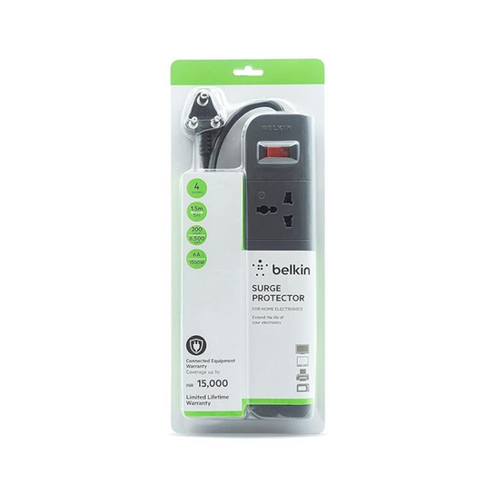 Belkin SURGE PROTECTOR 4-Outlet Extention Board, 1.5 M Cord, Grey, Lifetime Warranty 5 Years
