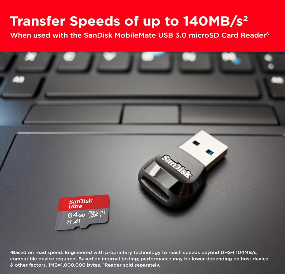 SanDisk Ultra 64GB microSDXC UHS-I, 140MB/s R, Memory Card, 10 Year Warranty