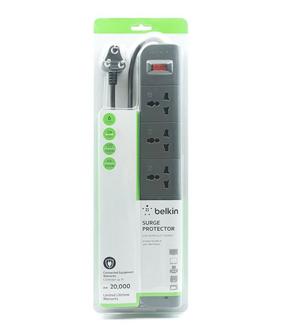 Belkin SURGE PROTECTOR 6-Outlet Extention Board, 2 Metre Cord, Grey, Lifetime Warranty 5 Year
