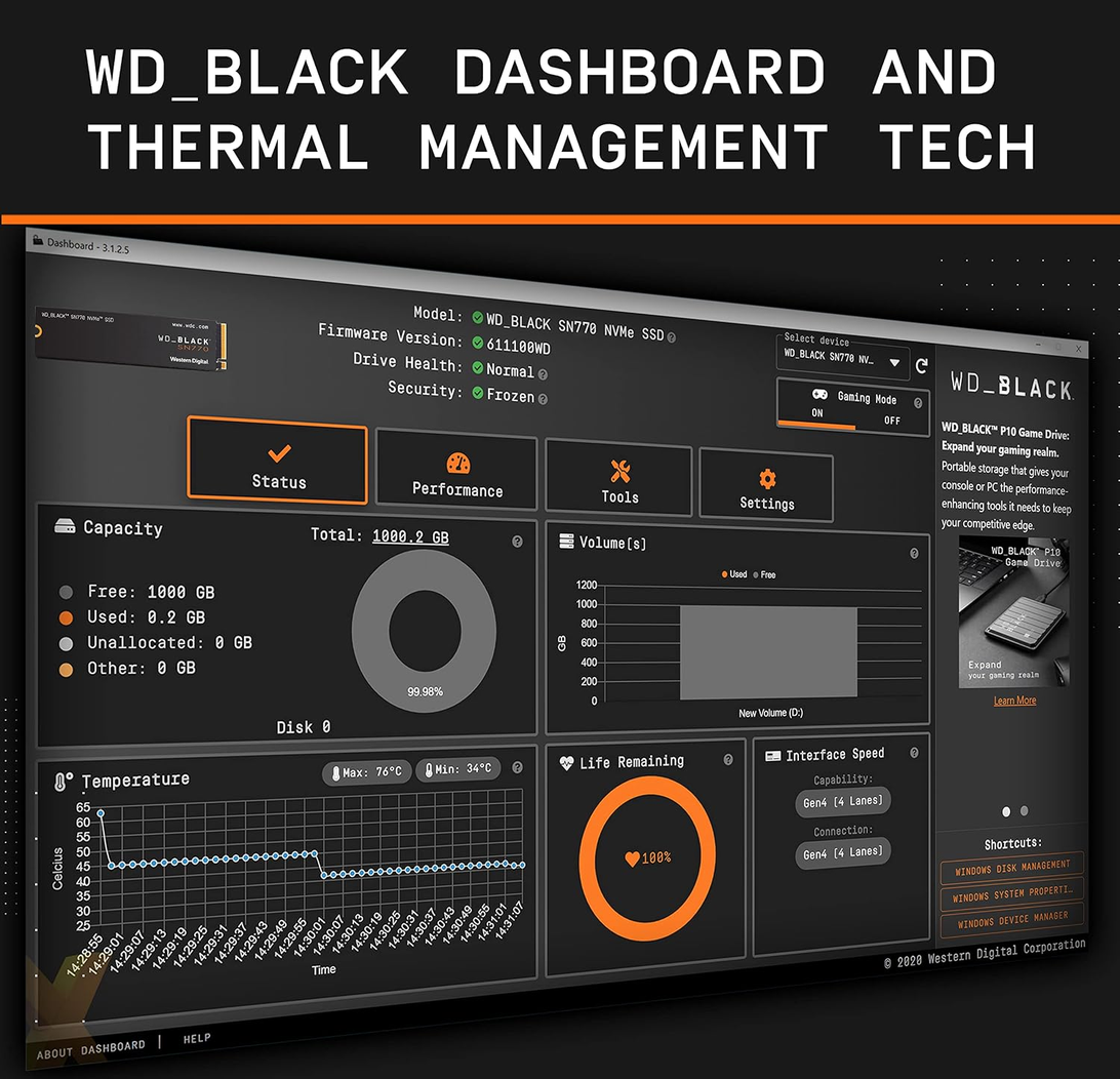 WD BLACK SN770 1TB PCIe Gen4 NVMe M.2 SSD 5150MB/s
