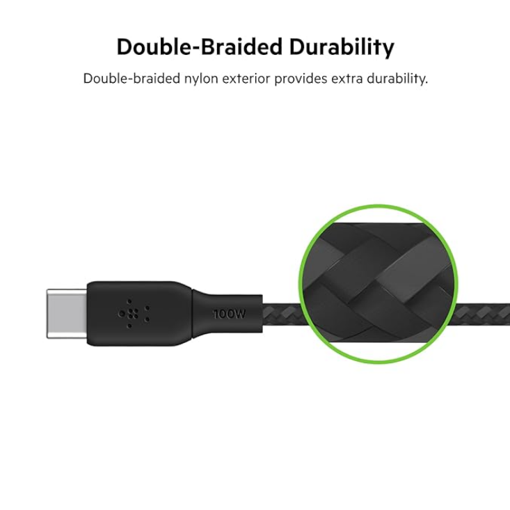 Belkin BoostCharge (USB-IF certified) Braided 100 W USB-C to USB-C (Type C) Charge cable, 6.6 Feet - 2M