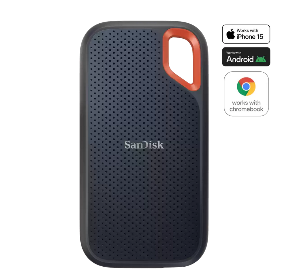 SanDisk Extreme Portable SSD 1TB, 1050 MB/s R, 1000 MB/s W, IP65 Resistance, Drop Protection, 5 Year Warranty, Black